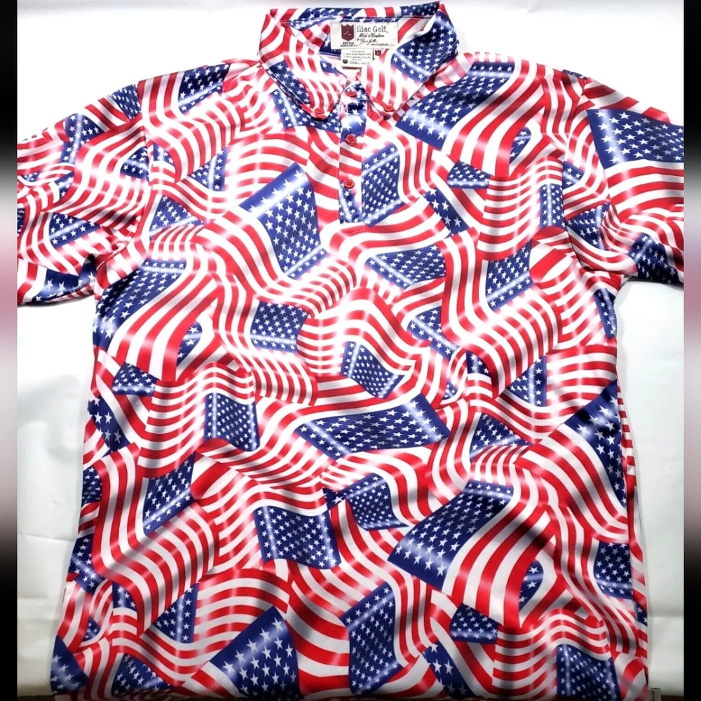 iliac Golf Men's USA Flags Patriotic Short Sleeve Polo Golf Shirt Sz. L